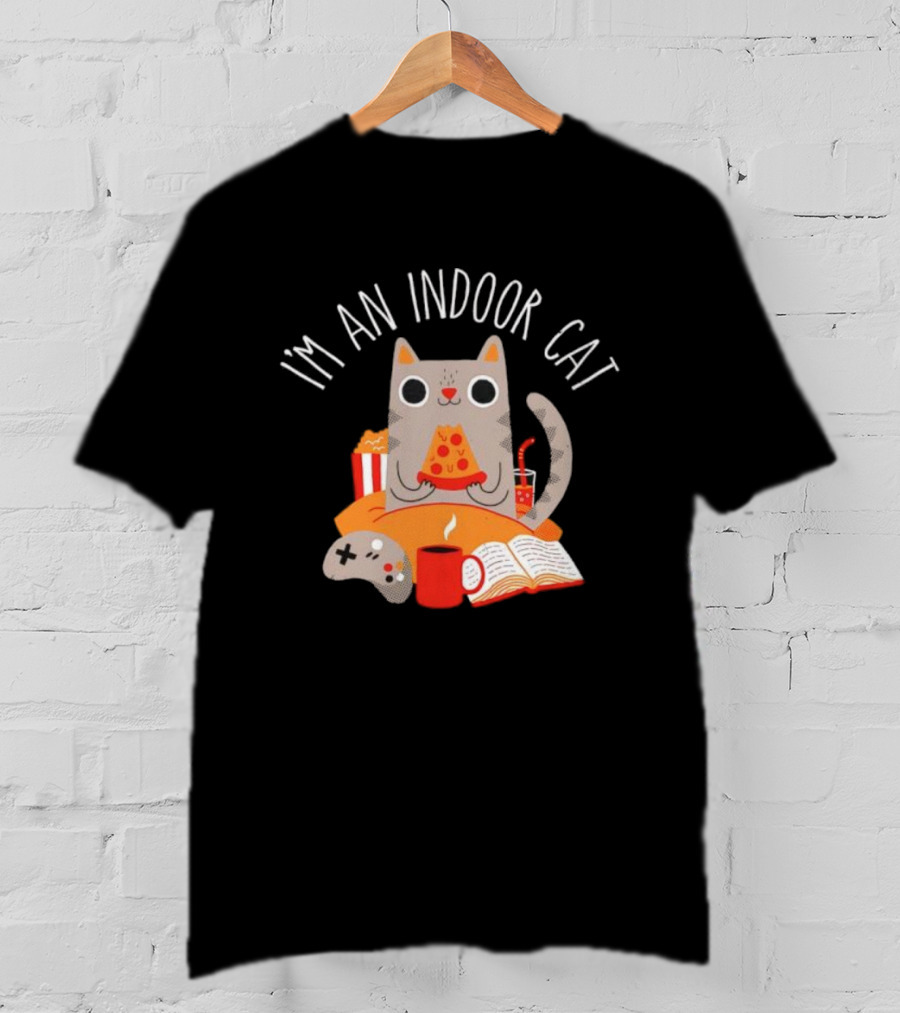 I'm An Indoor Cat Cartoon Cozy Vibes With Pizza, Popcorn, And Video Game Controller T-Shirt