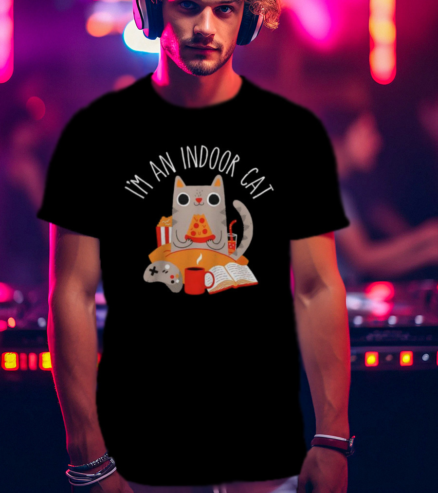 I'm An Indoor Cat Cartoon Cozy Vibes With Pizza, Popcorn, And Video Game Controller T-Shirt