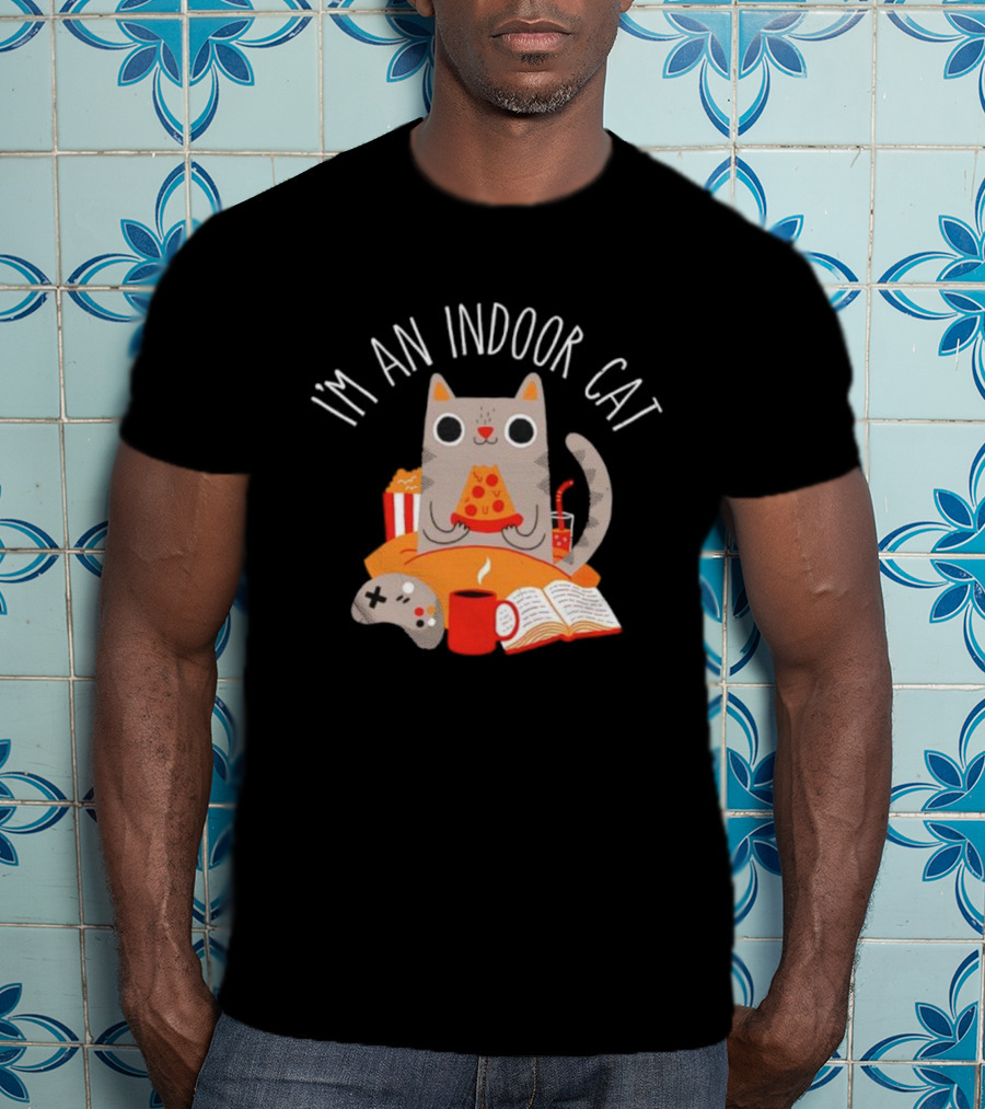 I'm An Indoor Cat Cartoon Cozy Vibes With Pizza, Popcorn, And Video Game Controller T-Shirt