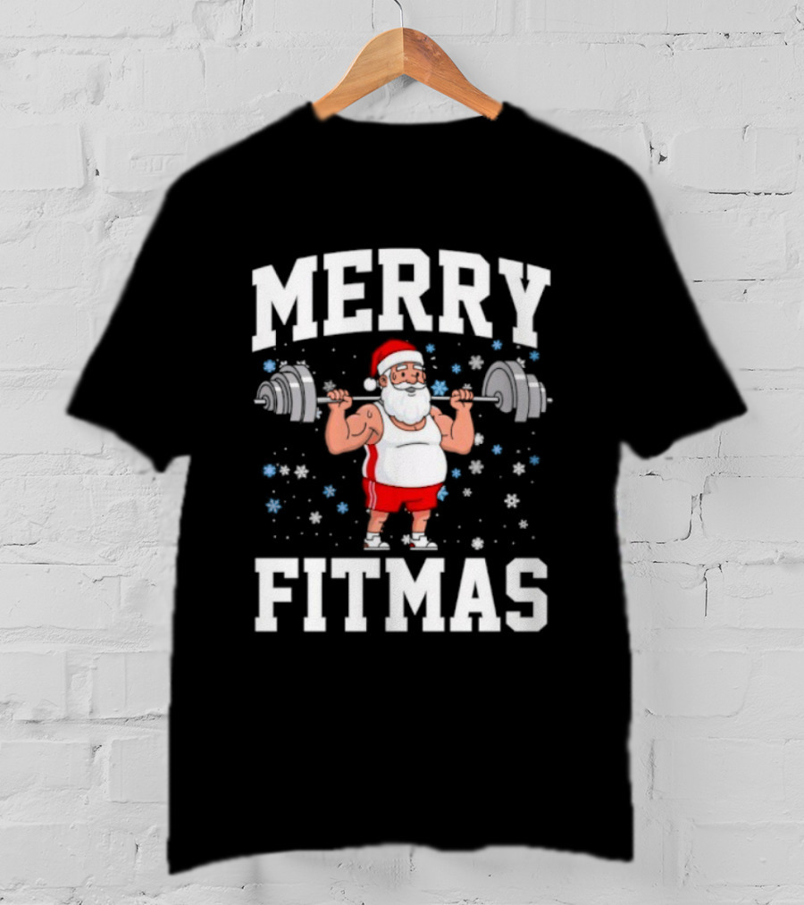 Merry Fitmas Santa Claus Lifting Weights Holiday Humor T-Shirt