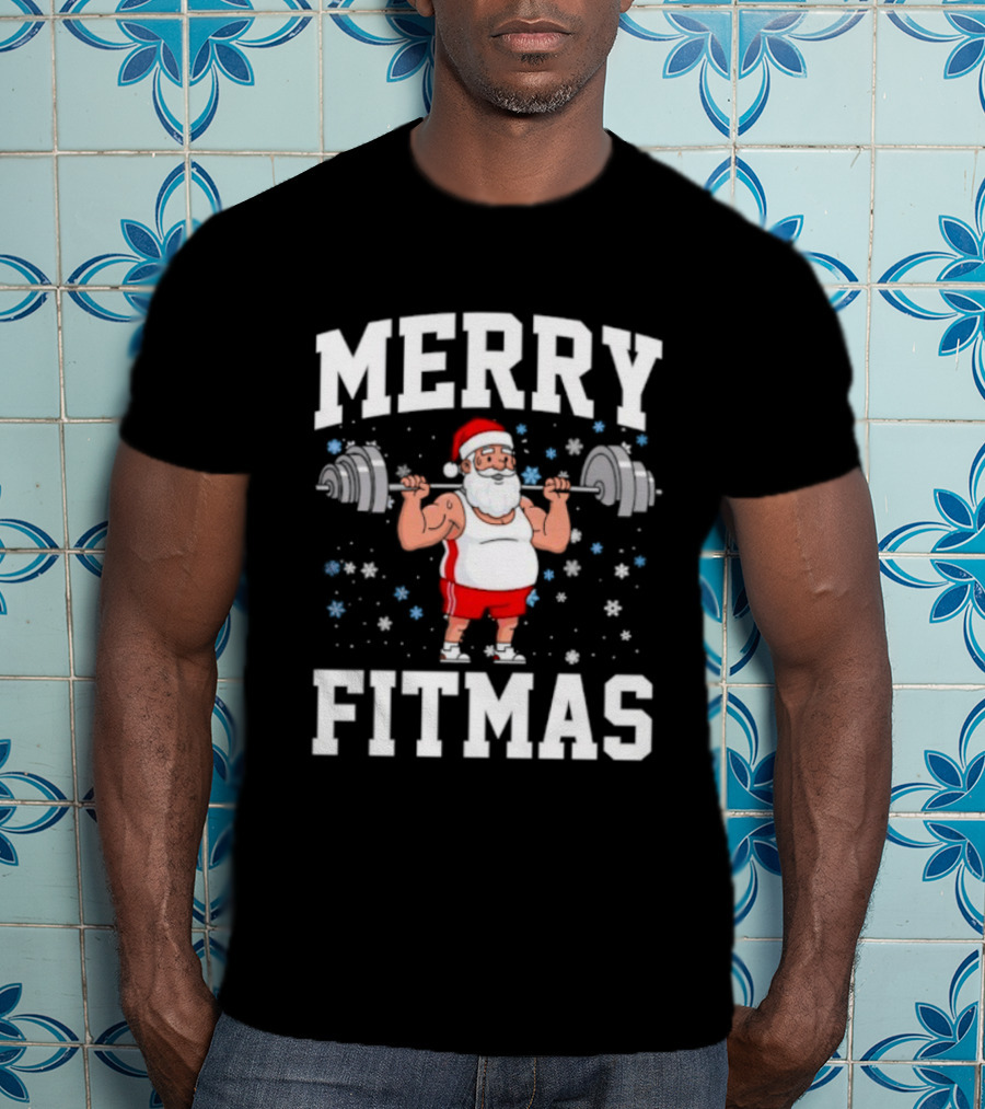 Merry Fitmas Santa Claus Lifting Weights Holiday Humor T-Shirt
