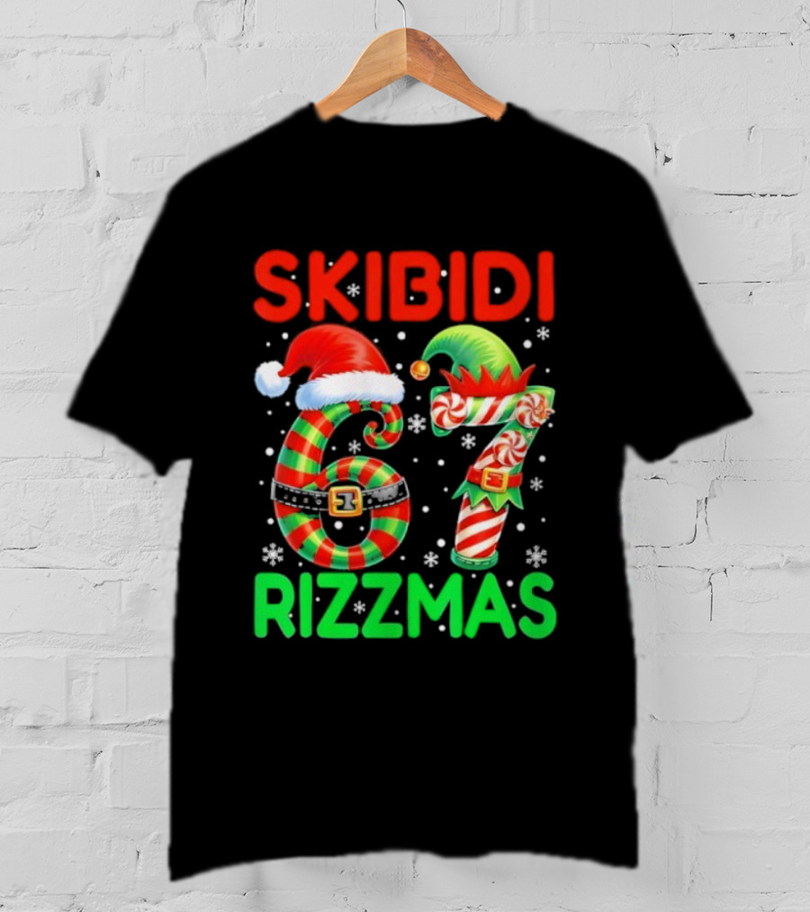 Skibidi 67 Rizzmas Funny Christmas Elf Candy Cane Holiday Meme T-Shirt