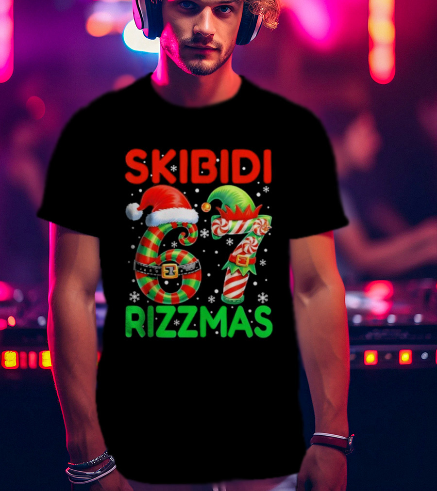 Skibidi 67 Rizzmas Funny Christmas Elf Candy Cane Holiday Meme T-Shirt