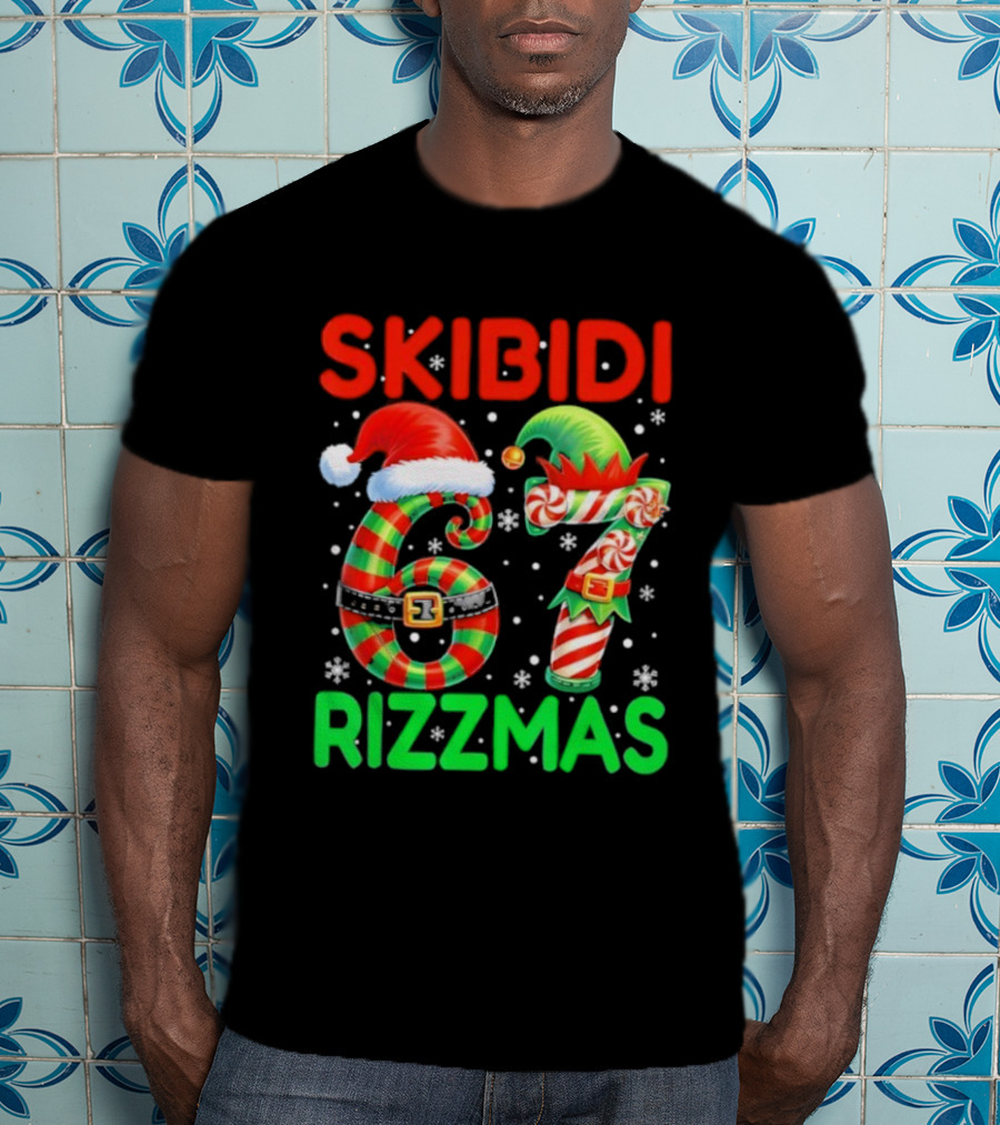 Skibidi 67 Rizzmas Funny Christmas Elf Candy Cane Holiday Meme T-Shirt