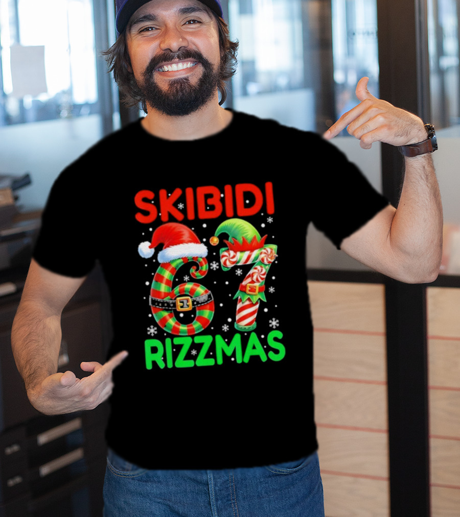 Skibidi 67 Rizzmas Funny Christmas Elf Candy Cane Holiday Meme T-Shirt