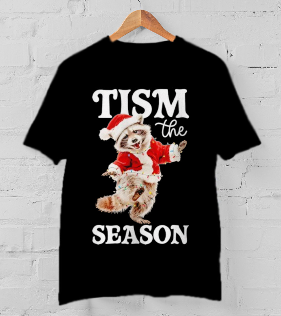 Tism The Season Raccoon Santa Christmas Autism Awareness T-Shirt