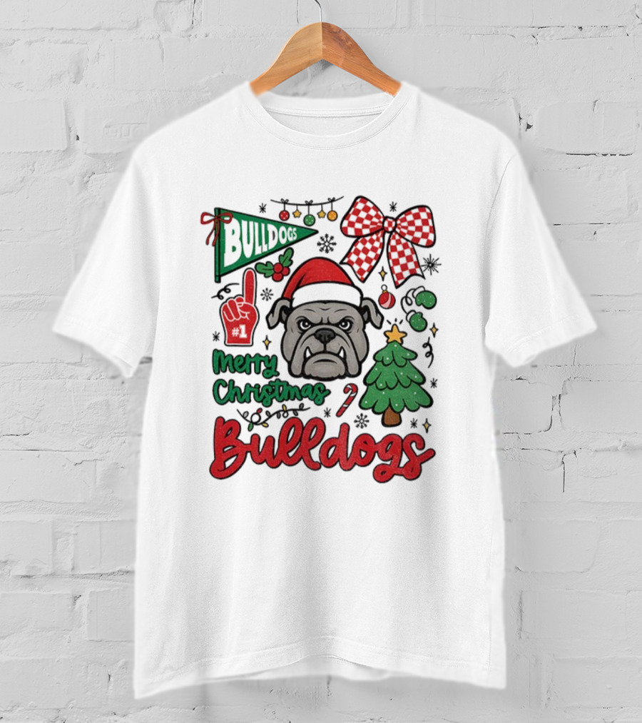 Merry Christmas Bulldogs Festive Mascot Checkerboard Bow And Holiday Theme T-Shirt