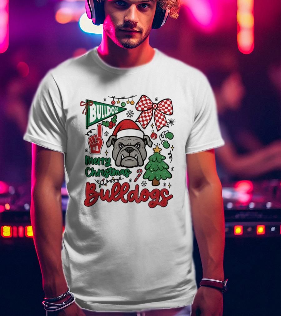 Merry Christmas Bulldogs Festive Mascot Checkerboard Bow And Holiday Theme T-Shirt