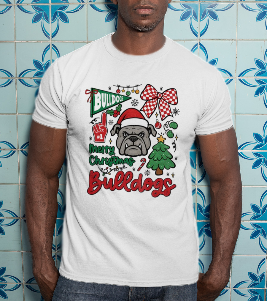 Merry Christmas Bulldogs Festive Mascot Checkerboard Bow And Holiday Theme T-Shirt