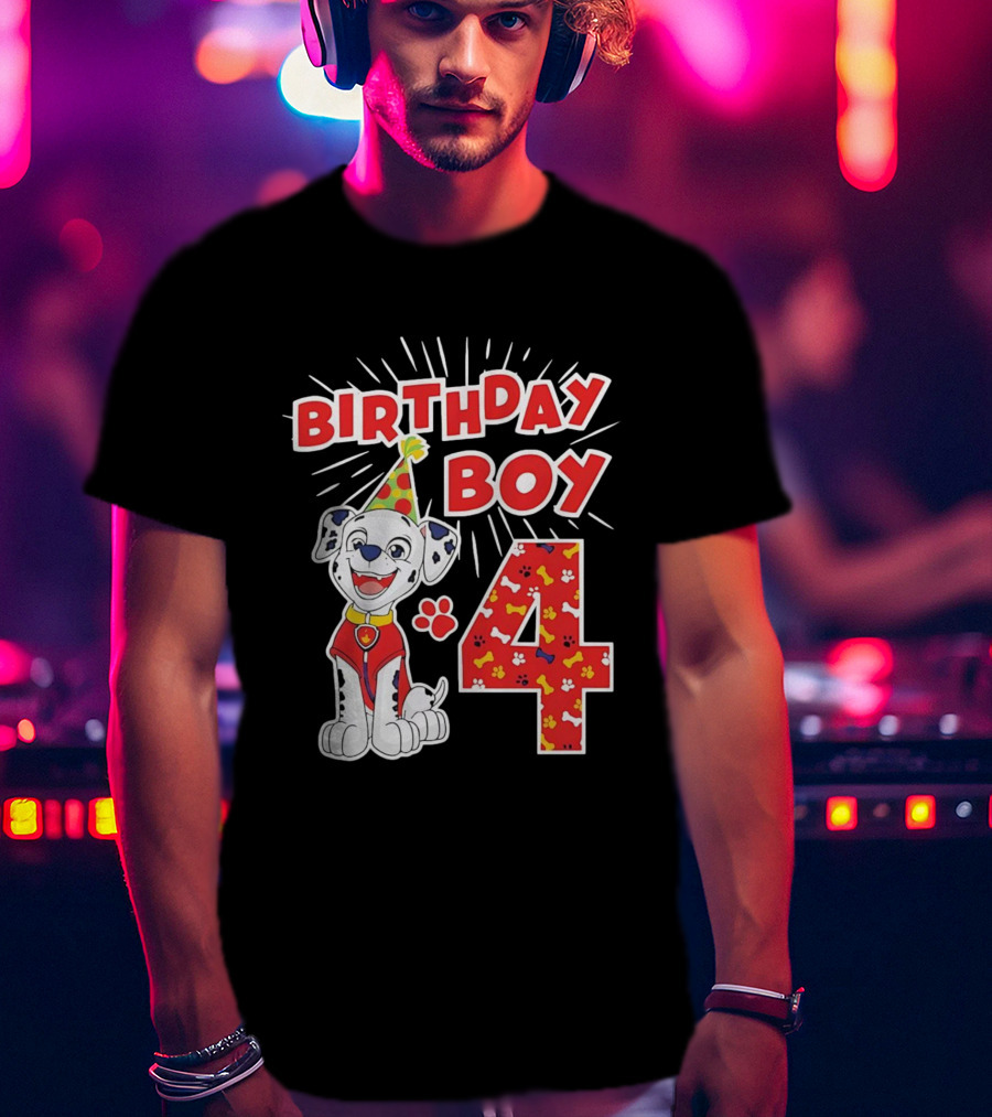 4th Birthday Boy Celebration With Cute Pup And Party Hat T-Shirt