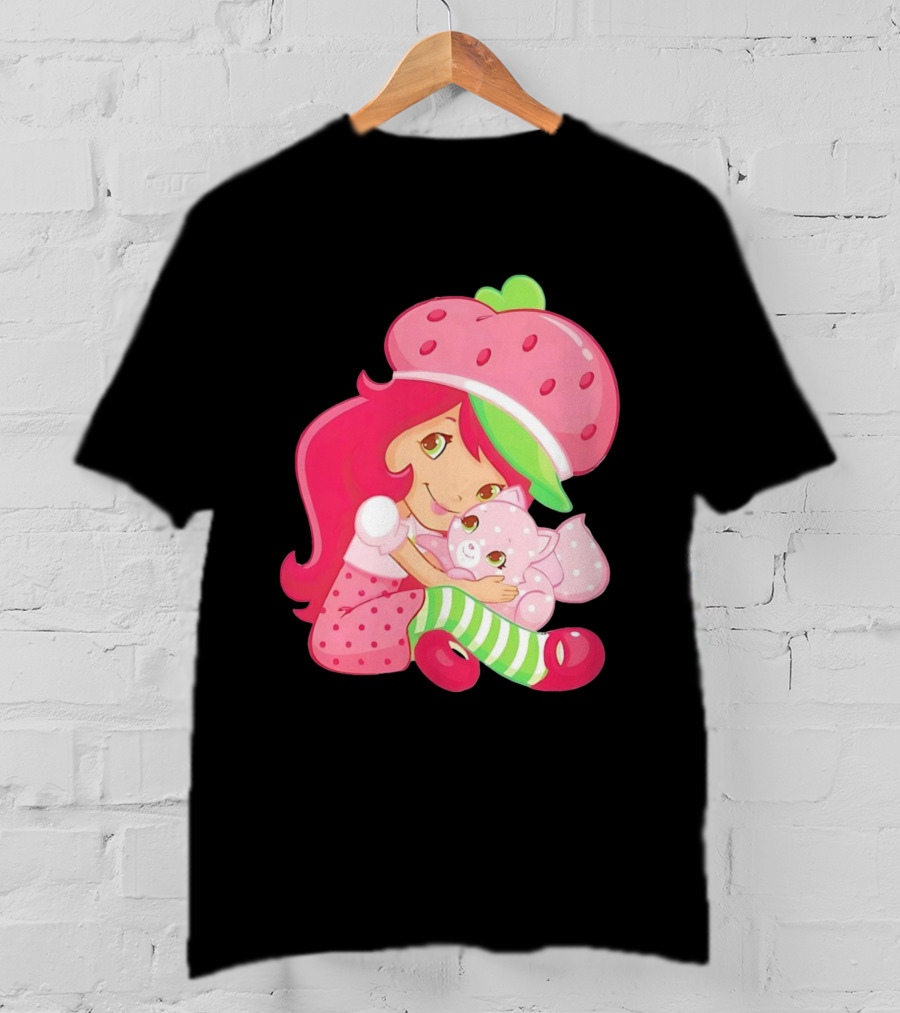Strawberry Girl Hugging Pink Cat With Hat And Polka Dot Pants T-Shirt