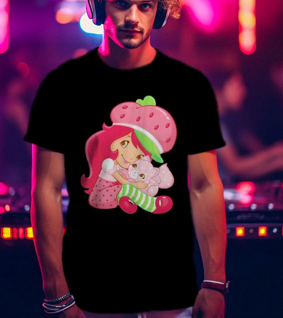 Strawberry Girl Hugging Pink Cat With Hat And Polka Dot Pants T-Shirt