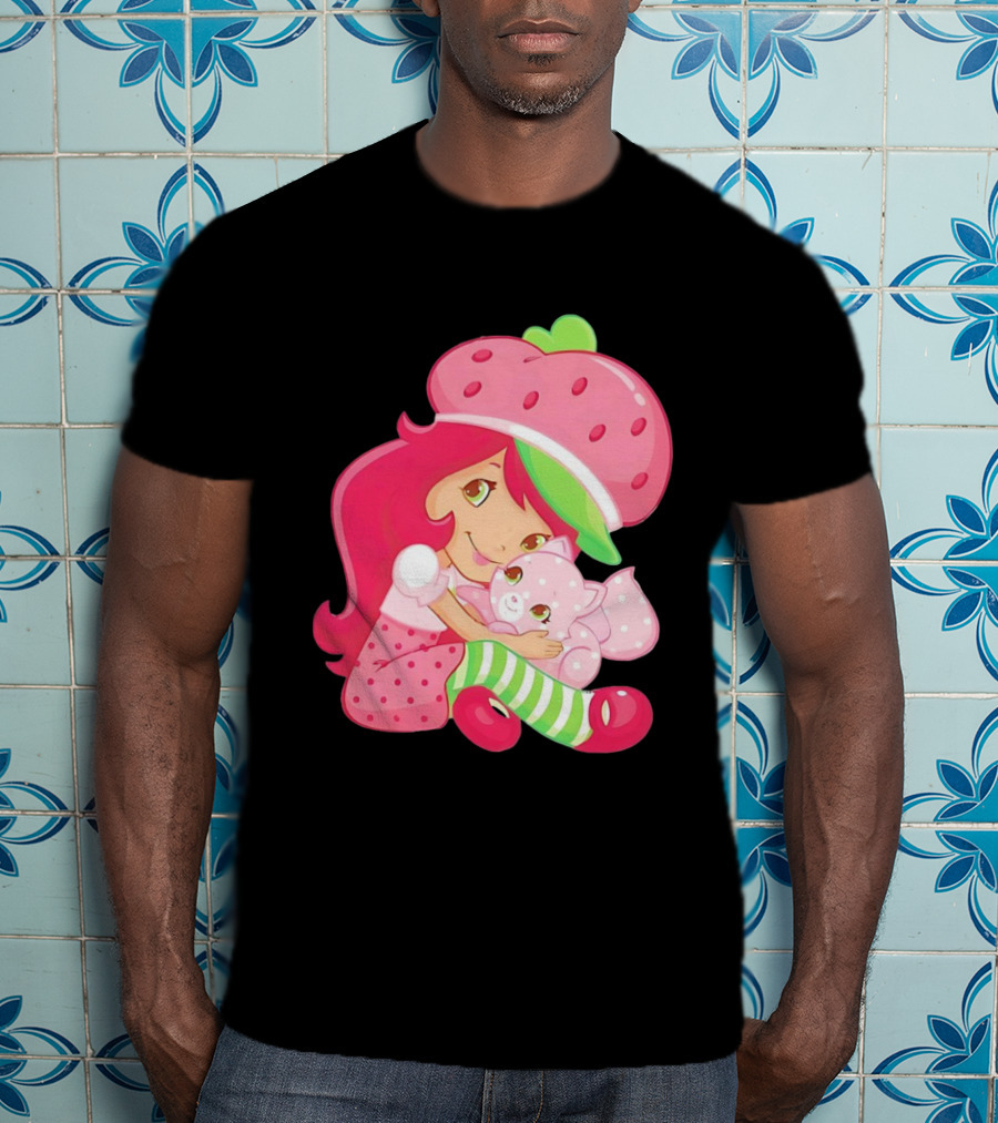 Strawberry Girl Hugging Pink Cat With Hat And Polka Dot Pants T-Shirt