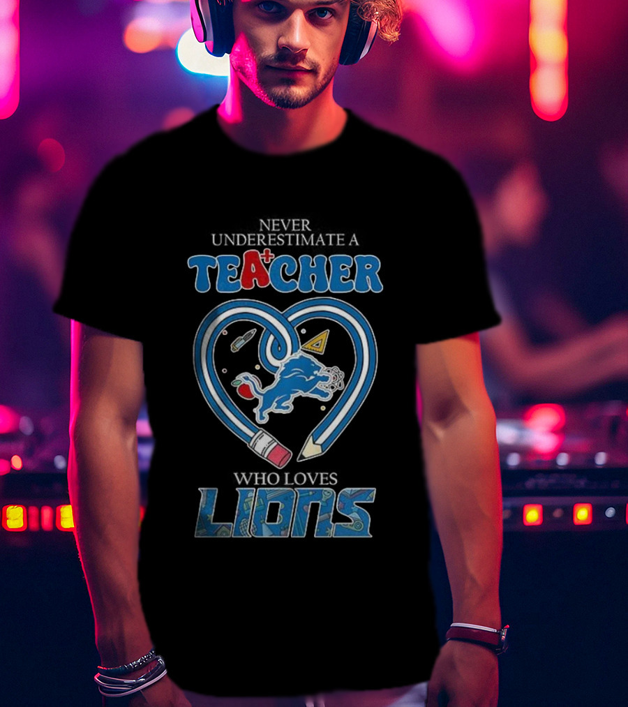 Teacher Who Loves Detroit Lions Heart Pencil Design T-Shirt