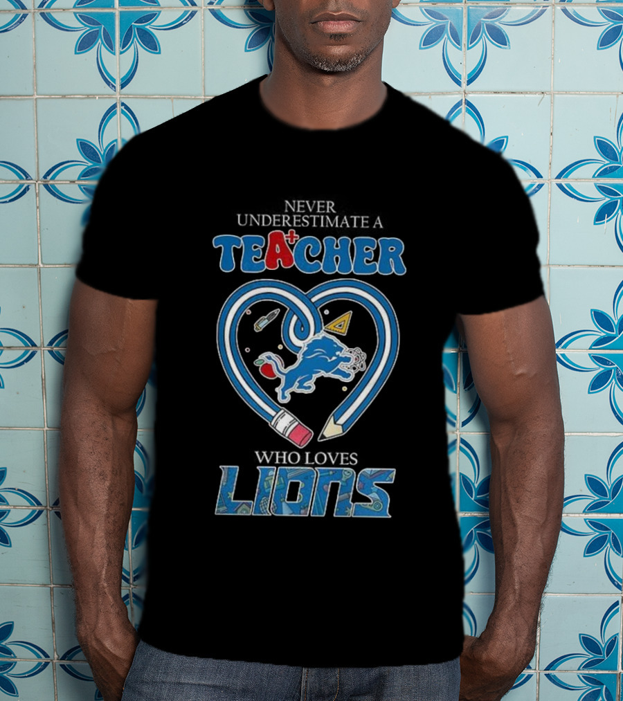Teacher Who Loves Detroit Lions Heart Pencil Design T-Shirt