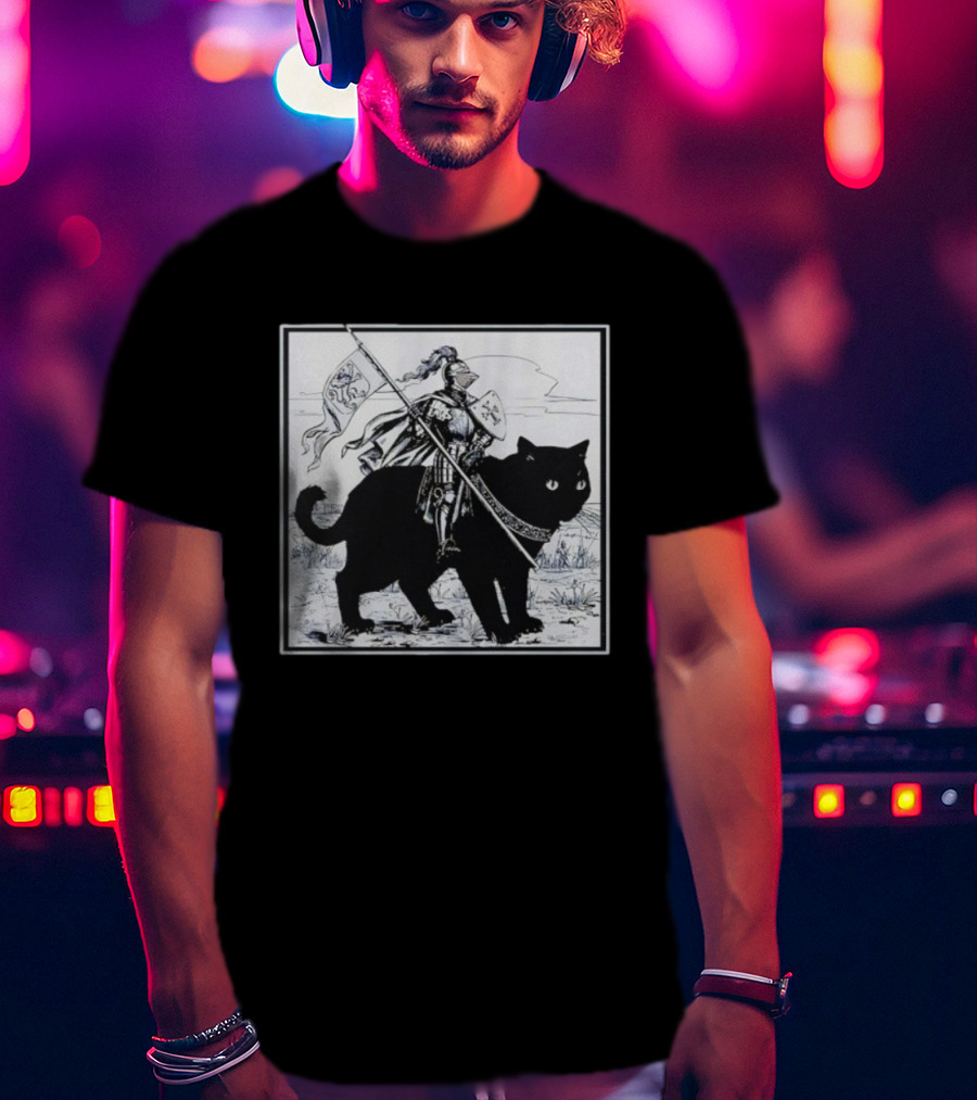 Medieval Knight Riding Giant Cat With Heraldic Banner T-Shirt