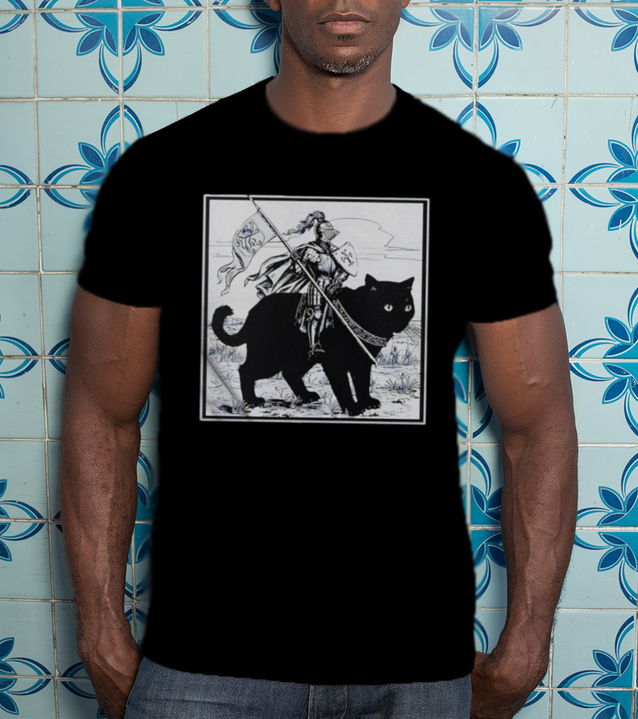 Medieval Knight Riding Giant Cat With Heraldic Banner T-Shirt