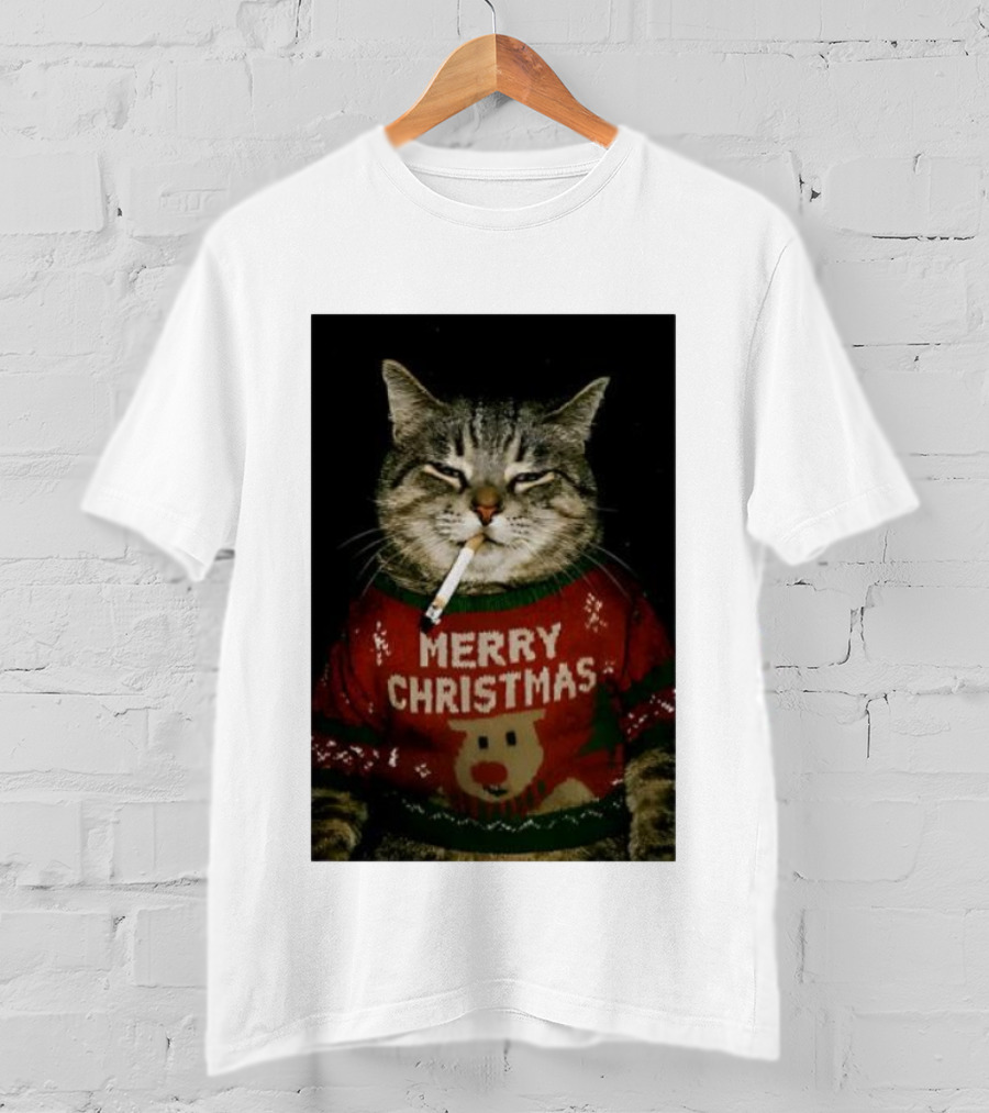 Merry Christmas Cat Smoking In Ugly Holiday Sweater With Reindeer T-Shirt