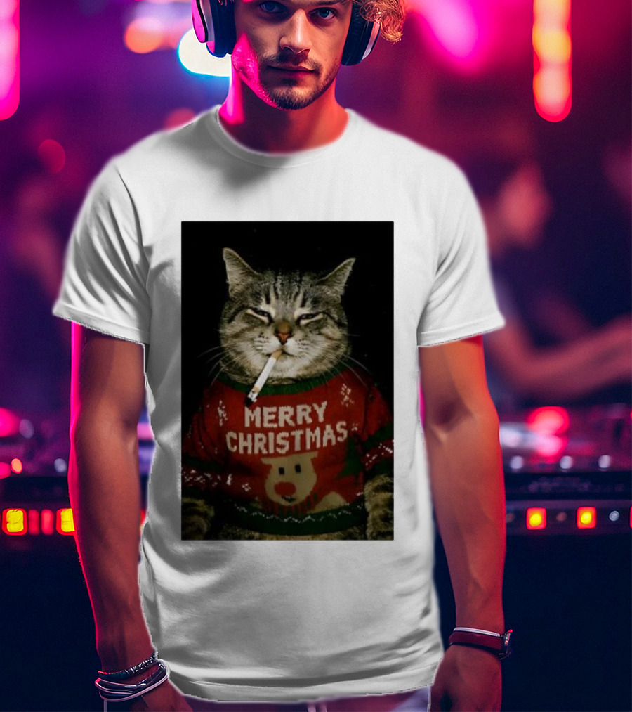 Merry Christmas Cat Smoking In Ugly Holiday Sweater With Reindeer T-Shirt