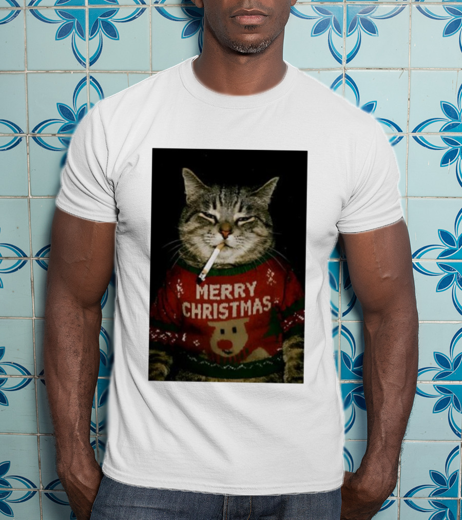 Merry Christmas Cat Smoking In Ugly Holiday Sweater With Reindeer T-Shirt