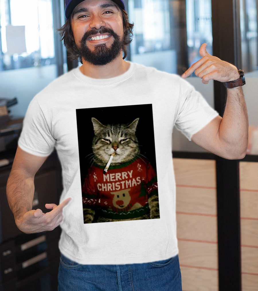 Merry Christmas Cat Smoking In Ugly Holiday Sweater With Reindeer T-Shirt