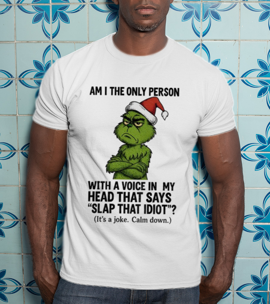 Grinch Santa Hat Am I The Only Person With A Voice In My Head That Says Slap That Idiot Christmas T-Shirt