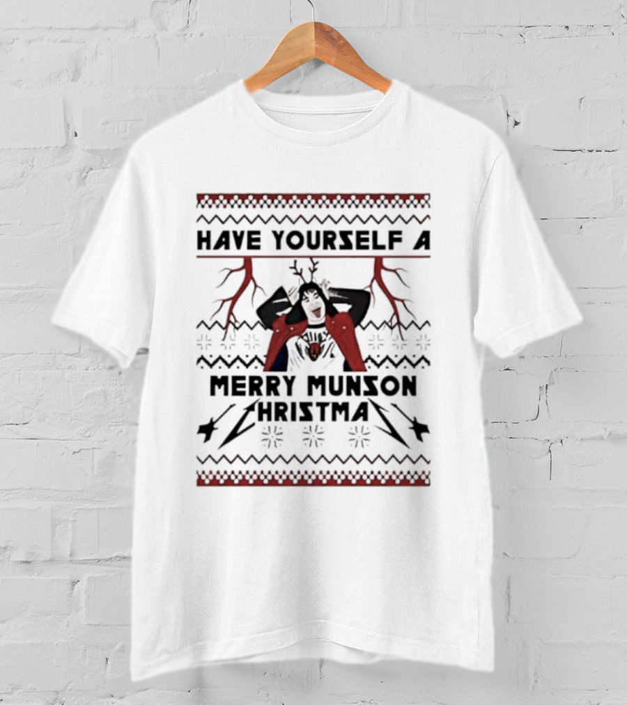 Eddie Munson Merry Munson Christmas Holiday Skeleton Red Lightning T-Shirt