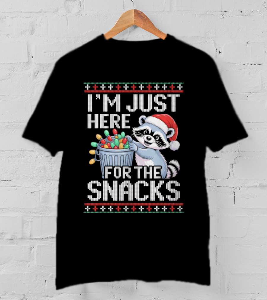 I'm Just Here For The Snacks Raccoon Christmas Ugly Sweater Santa Hat Holiday T-Shirt