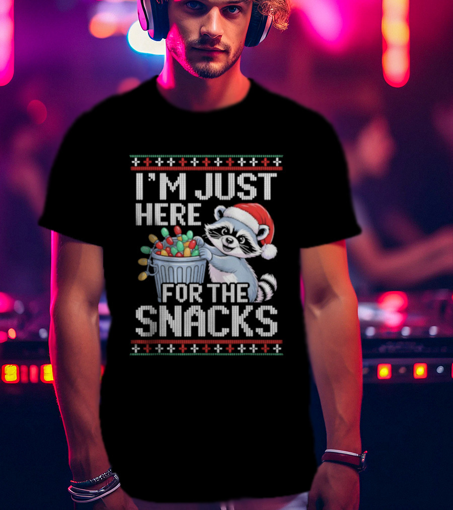 I'm Just Here For The Snacks Raccoon Christmas Ugly Sweater Santa Hat Holiday T-Shirt
