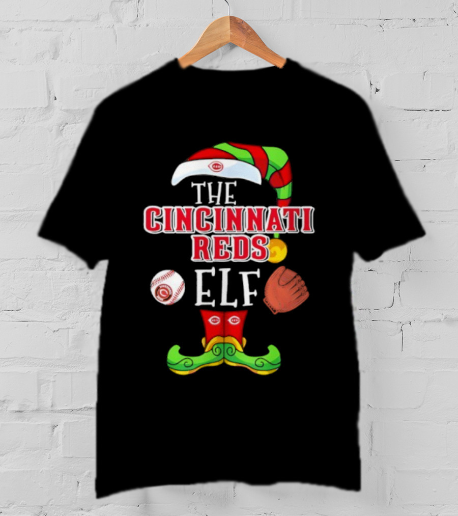 Cincinnati Reds Christmas Baseball Elf Hat And Stockings T-Shirt