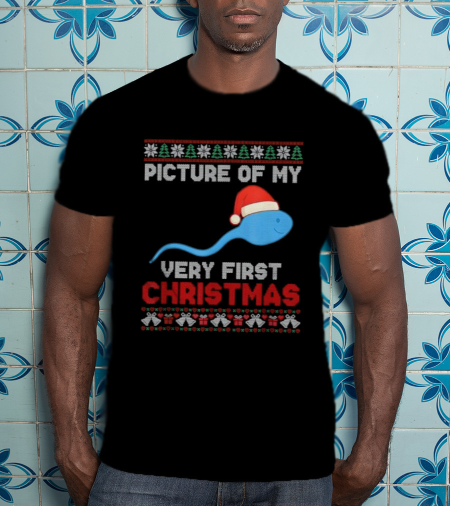 Picture Of My Very First Christmas Joke Funny Xmas Santa Hat Sperm T-Shirt