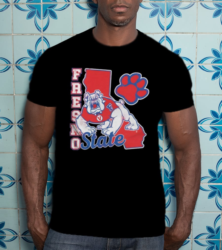 Fresno State CA Bulldog Paw Print And State Outline T-Shirt
