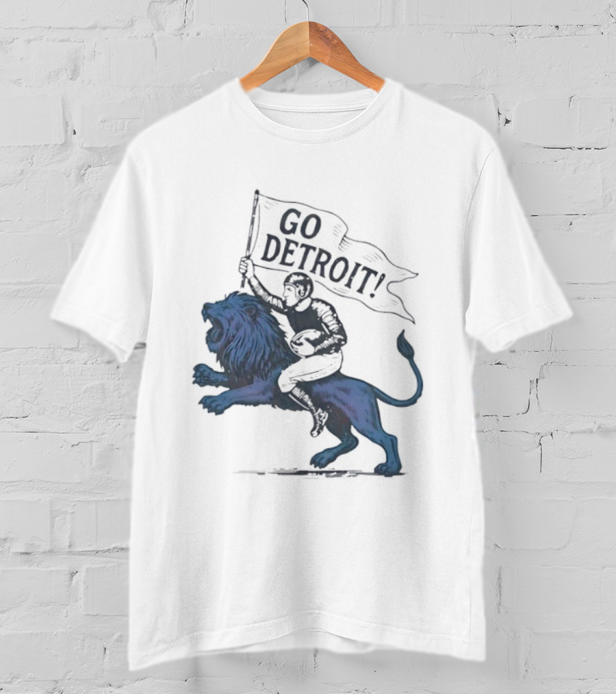 Go Detroit Football Player Riding Lion T-Shirt