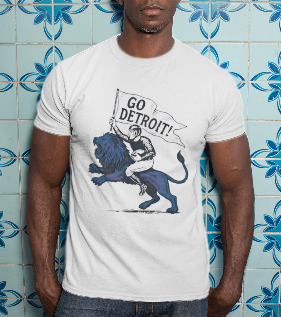 Go Detroit Football Player Riding Lion T-Shirt