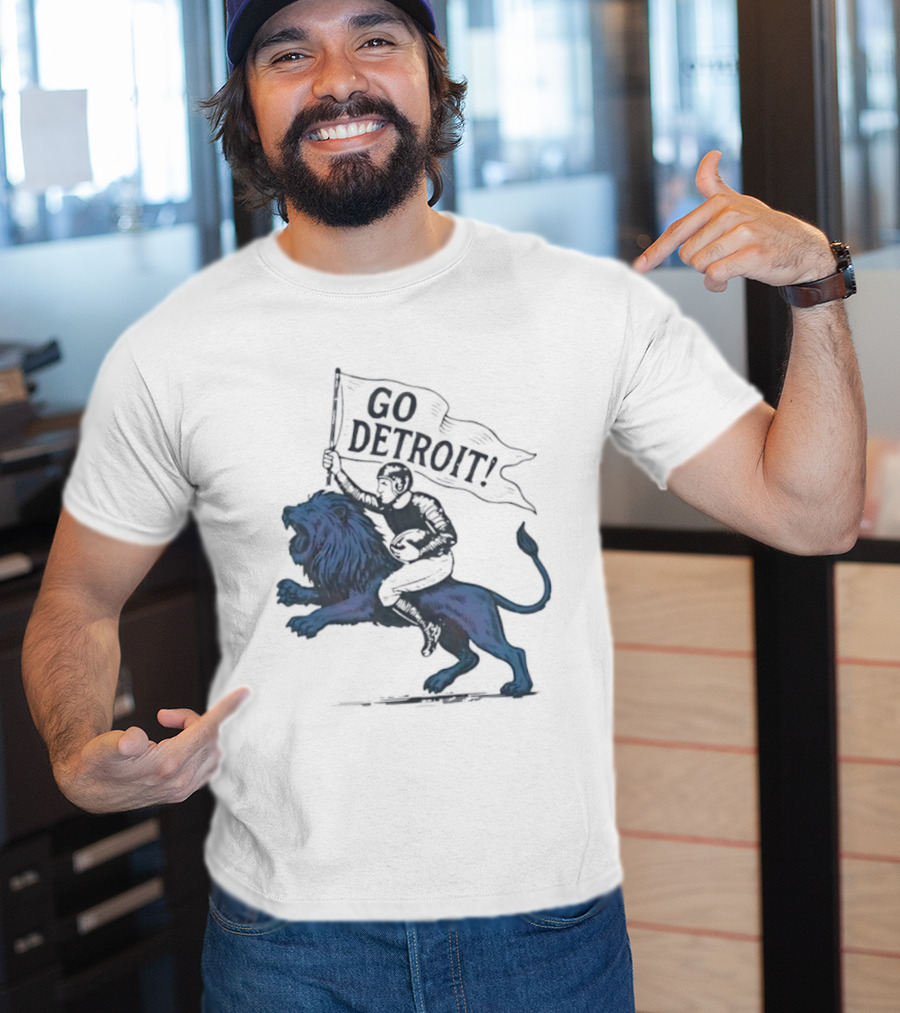 Go Detroit Football Player Riding Lion T-Shirt