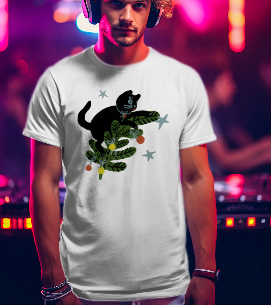 Christmas Tree Cat With Stars Yarrow Goods T-Shirt
