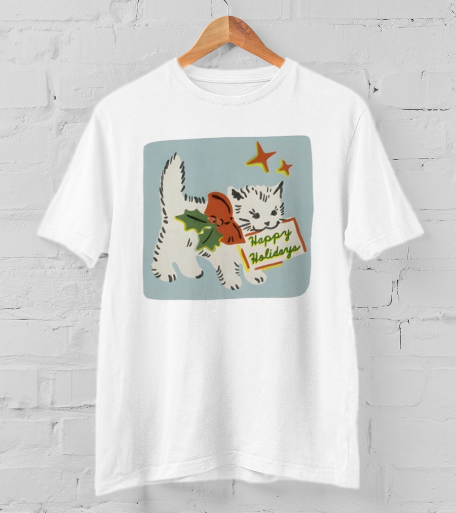 Happy Holidays Cat With Holly And Stars By Yarrow Goods T-Shirt