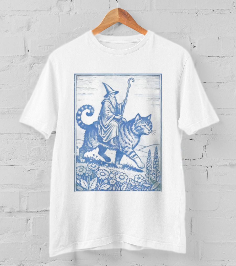 Wizard Riding Cat Blue Vintage Fantasy Adventure Scene T-Shirt