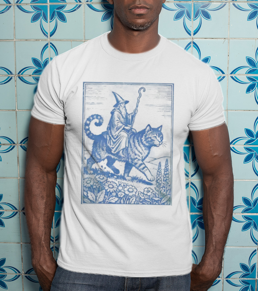 Wizard Riding Cat Blue Vintage Fantasy Adventure Scene T-Shirt