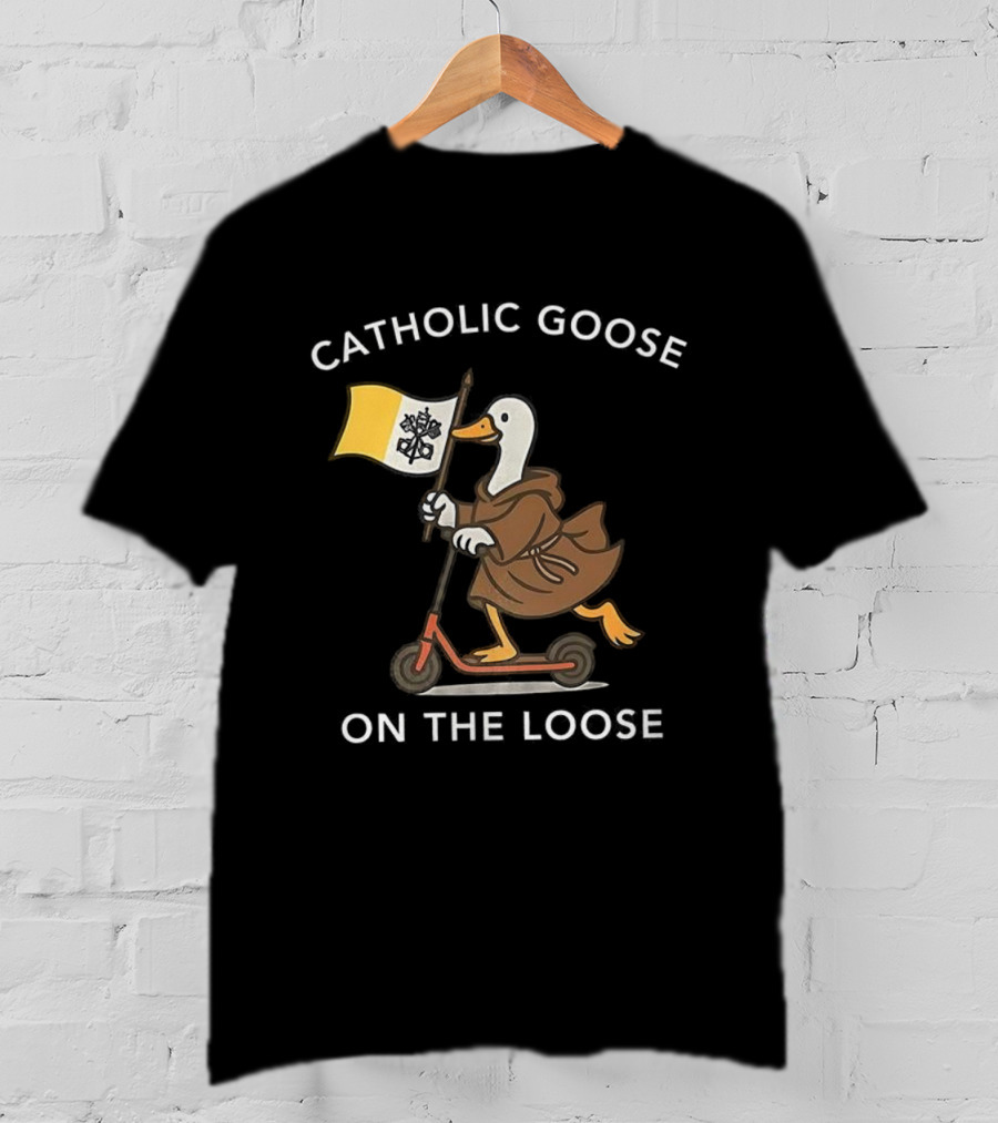 Catholic Goose On The Loose Holding Flag Riding Scooter T-Shirt