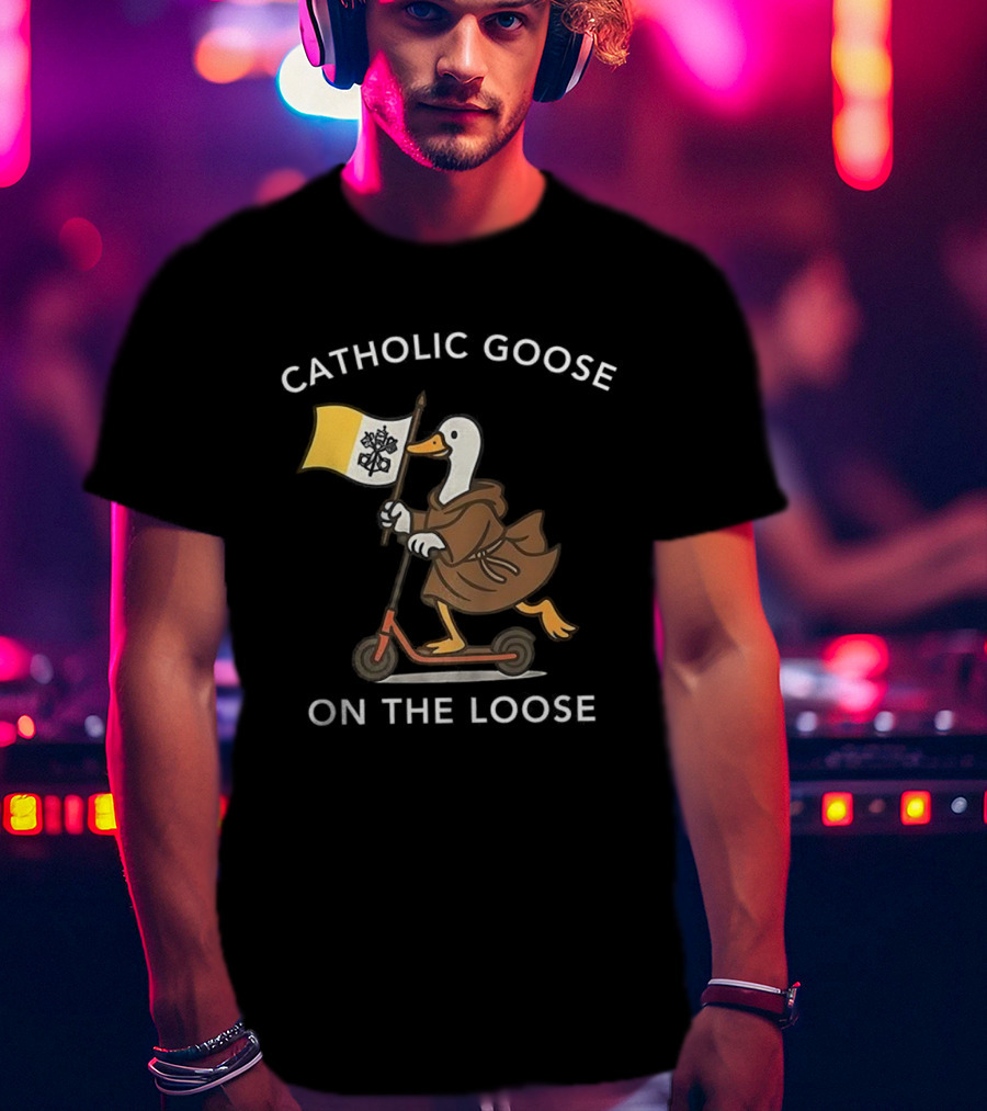 Catholic Goose On The Loose Holding Flag Riding Scooter T-Shirt