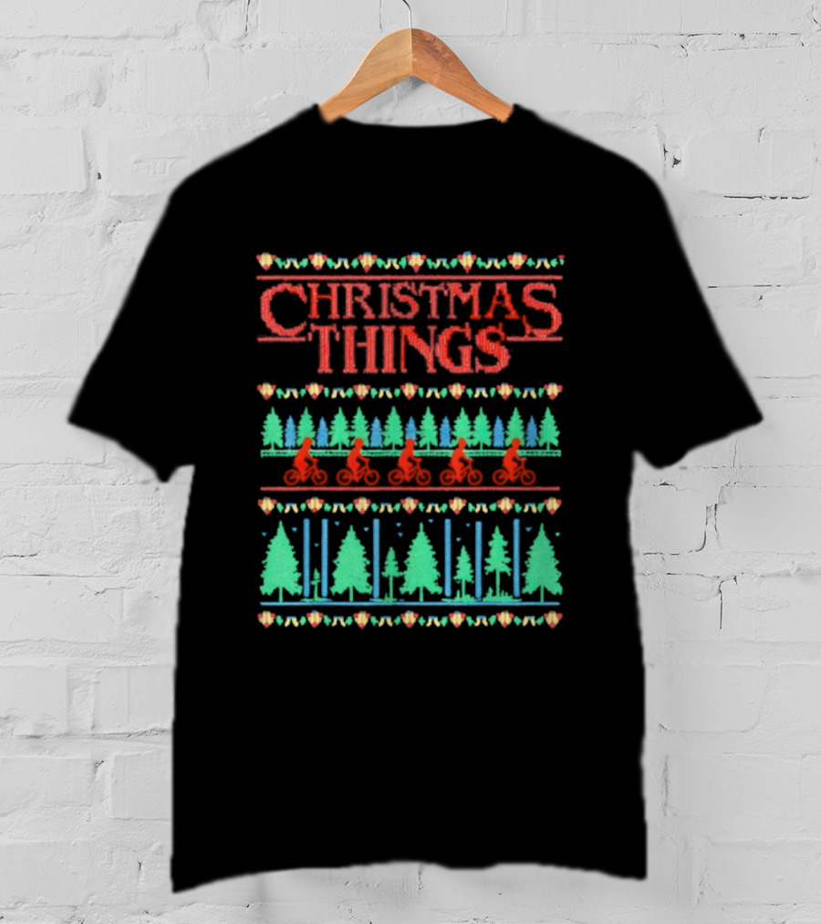 Christmas Things Holiday Sweater Lights And Bicycles Forest Theme T-Shirt