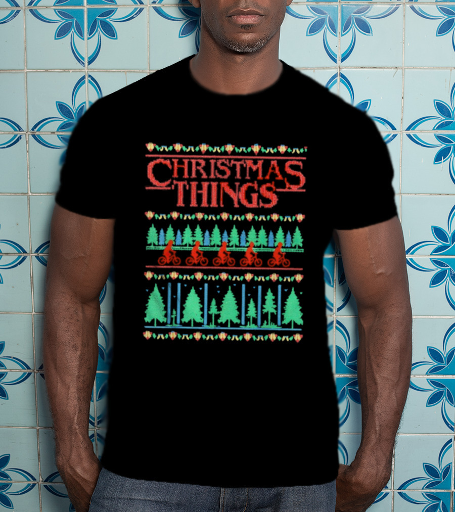 Christmas Things Holiday Sweater Lights And Bicycles Forest Theme T-Shirt