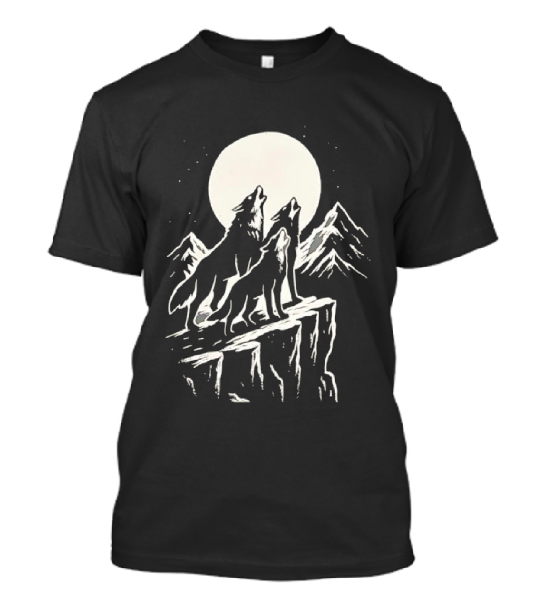 Howling Wolves Moonlit Mountains Black White T-Shirt