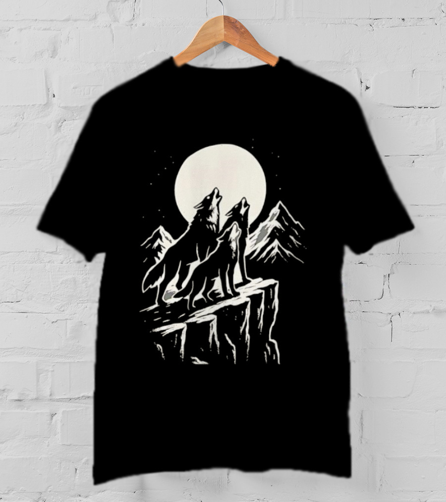 Howling Wolves Moonlit Mountains Black White T-Shirt