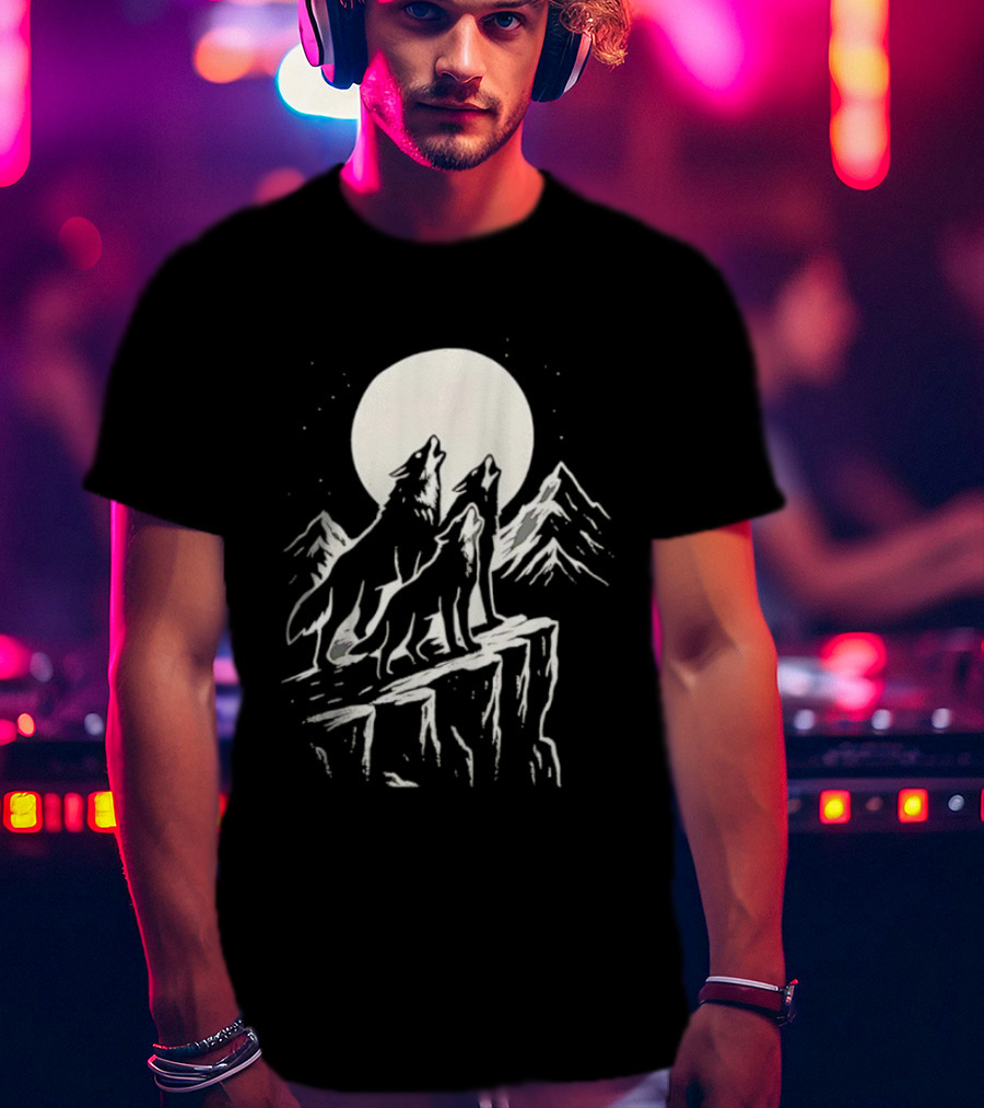 Howling Wolves Moonlit Mountains Black White T-Shirt