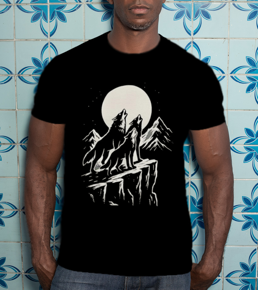 Howling Wolves Moonlit Mountains Black White T-Shirt