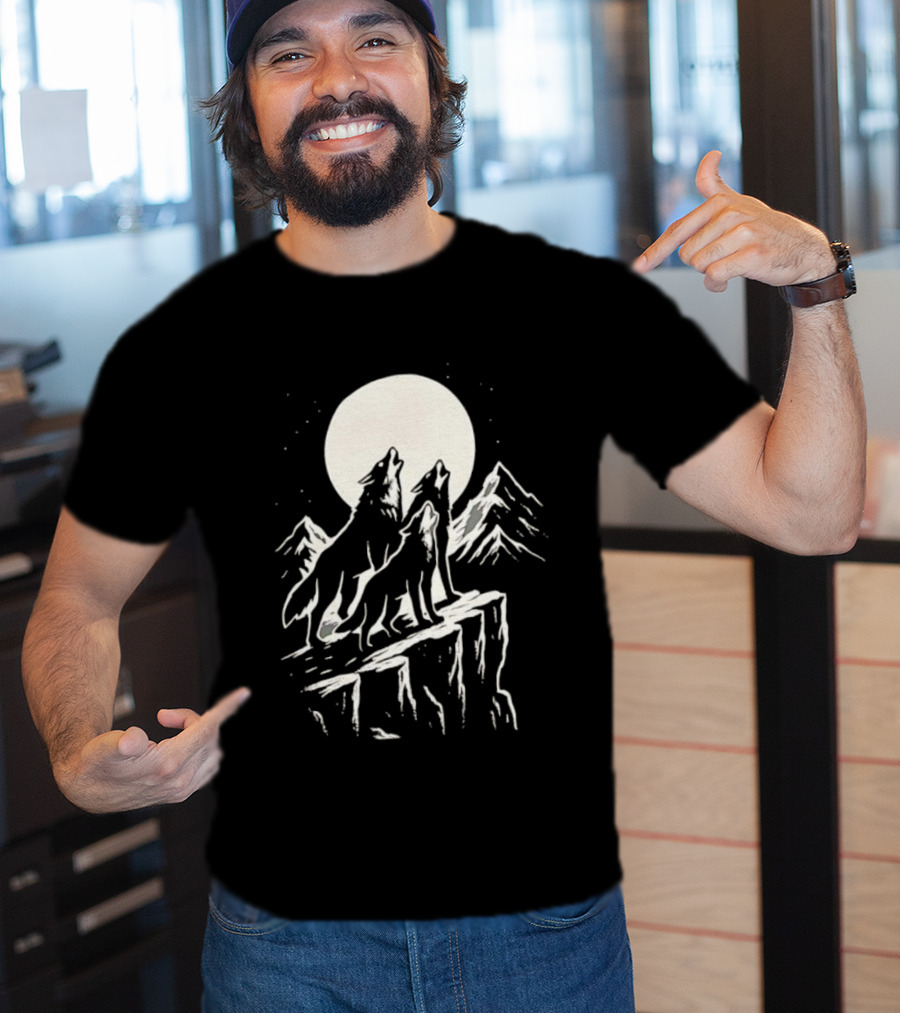 Howling Wolves Moonlit Mountains Black White T-Shirt