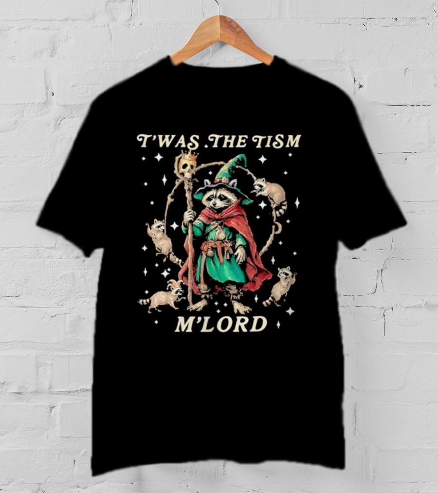 T’was The Tism M’Lord Funny Wizard Raccoon Witch Autism T-Shirt