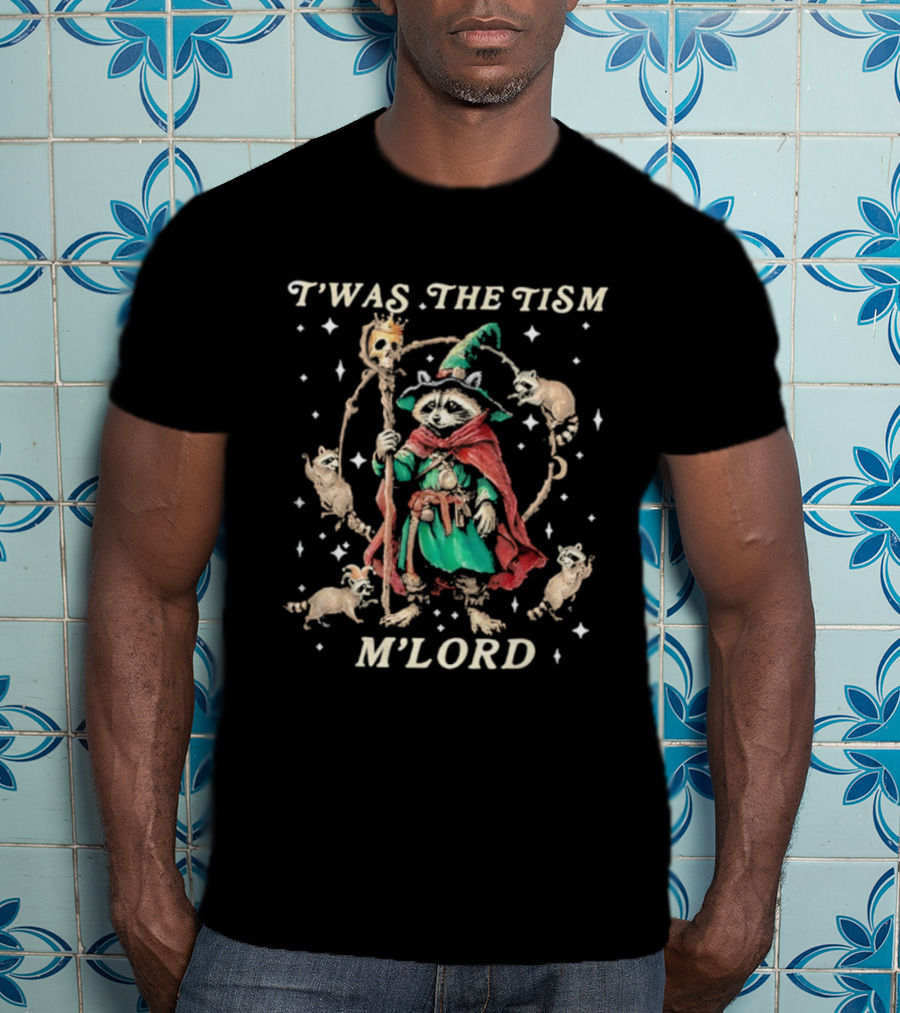 T’was The Tism M’Lord Funny Wizard Raccoon Witch Autism T-Shirt